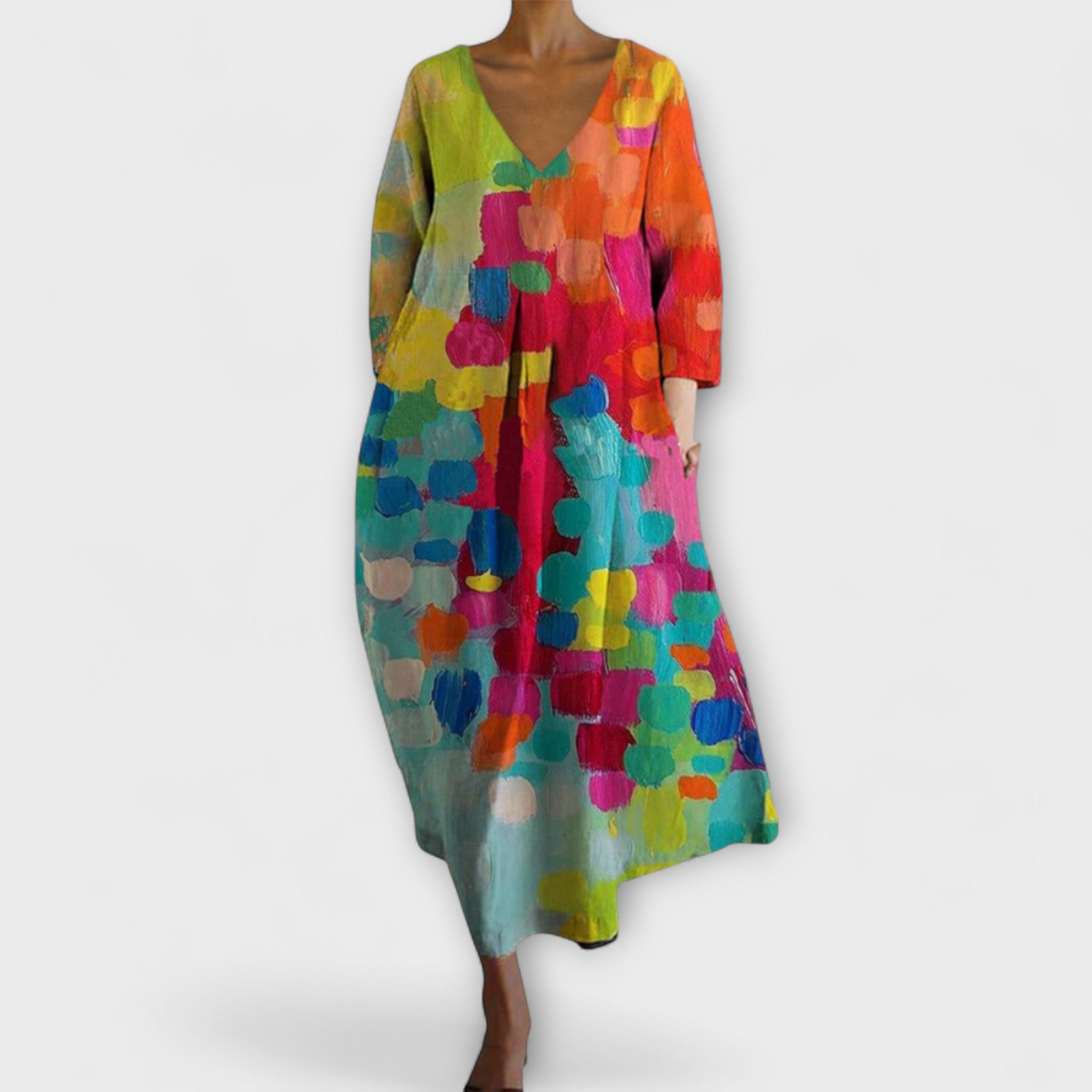 Fiona - Langes, farbenfrohes Kleid mit V-Ausschnitt