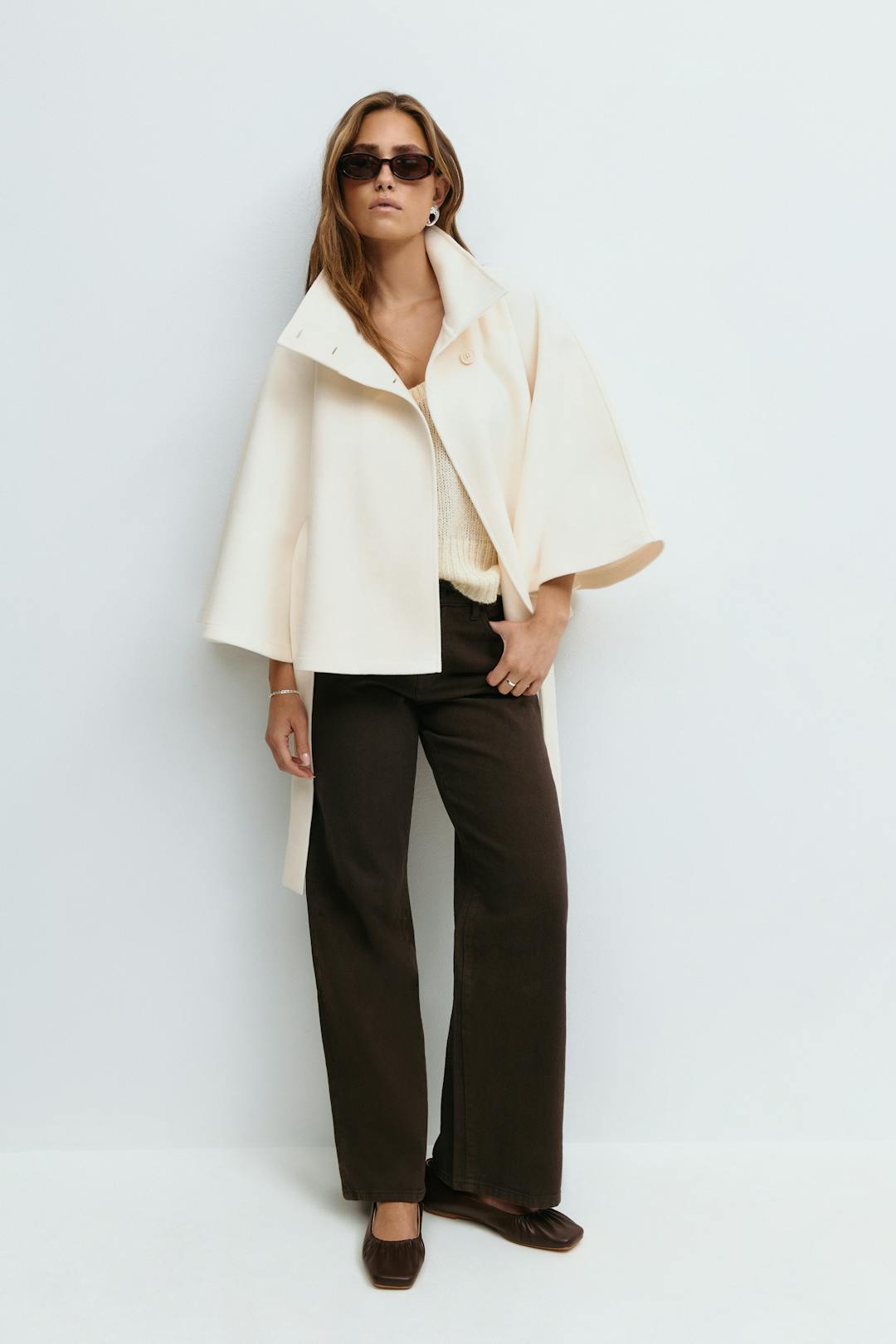 Clara | Cape jacket with sleeves, high collar, and belt