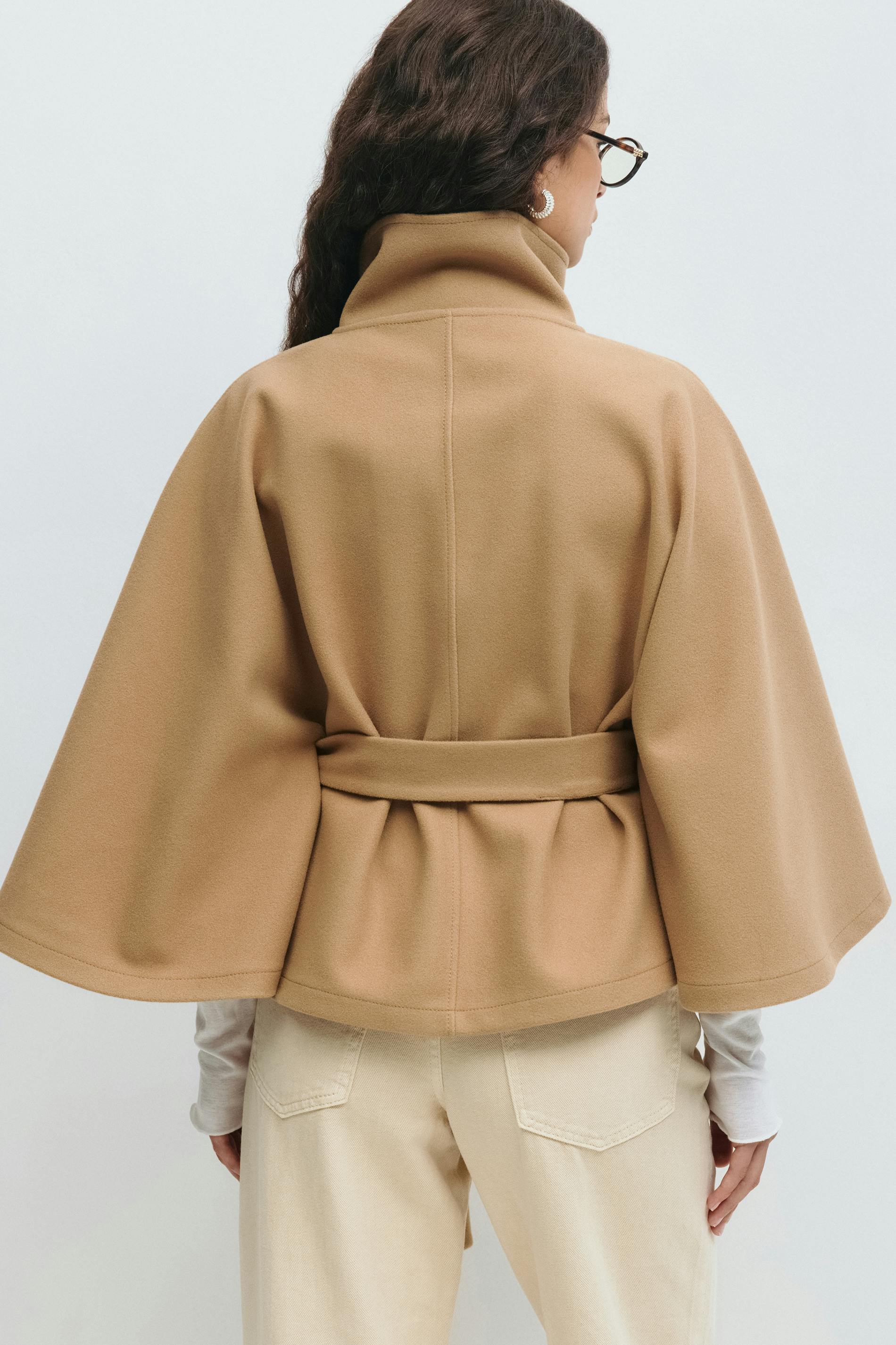 Clara | Cape jacket with sleeves, high collar, and belt
