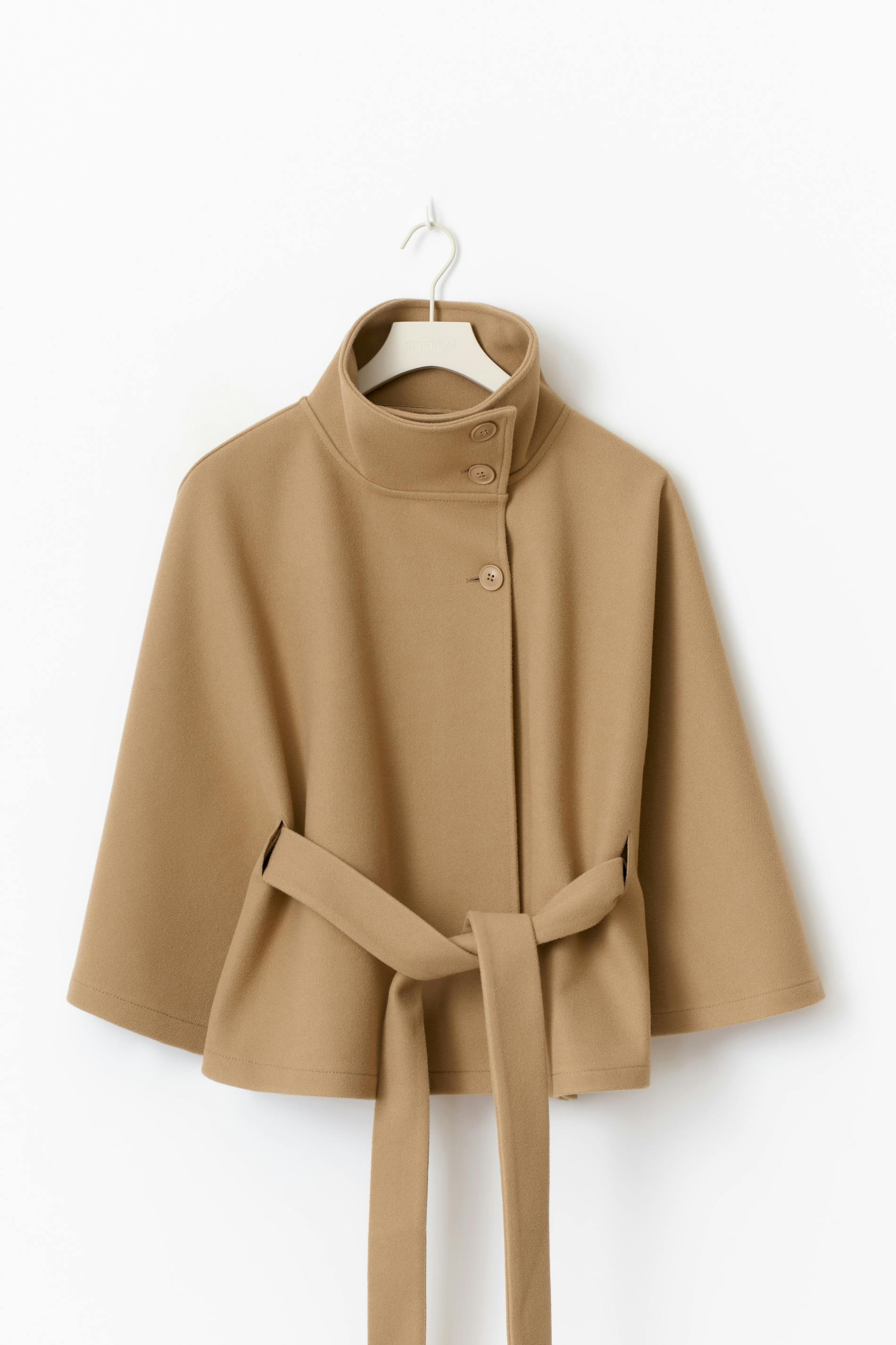 Clara | Cape jacket with sleeves, high collar, and belt